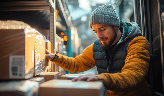 Мужчина на складе проверяет грузы перед отправкой. Biocard - перевозки ветеринарных грузов с температурным режимом по РФ